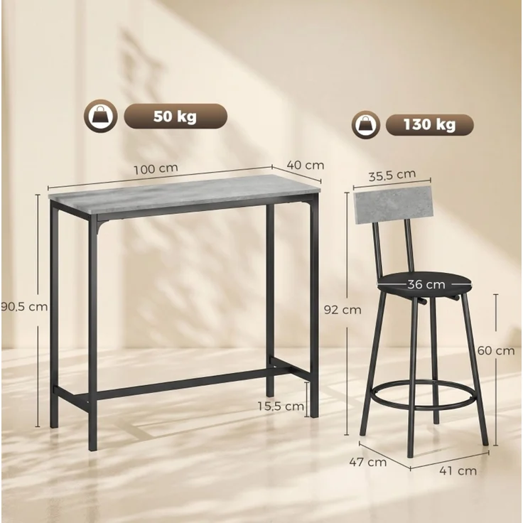 Bartisch-Set 100 x 40 x 90,5 cm mit 2 gepolsterten Barhockern und Fußstützen – Grau – Bild 4