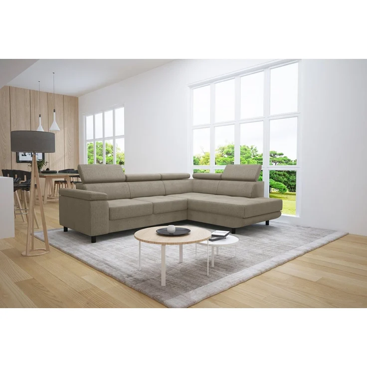 thematys Ecksofa LUNA L 250 x 183 cm, mit Schlaffunktion, mit Bettkasten, mit verstellbaren Kopfstützen, Beige (Poso 02), Ausrichtung Rechts – Bild 1