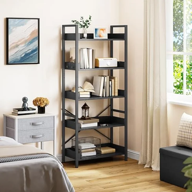 YITAHOME Bücherregal 5 Etagen, Offen Stehend Bücherregal, Hoch Schmal mit 4 Haken Industrielles Lagerregal für Wohnzimmer, Heimbüro, Schwarz – Bild 5