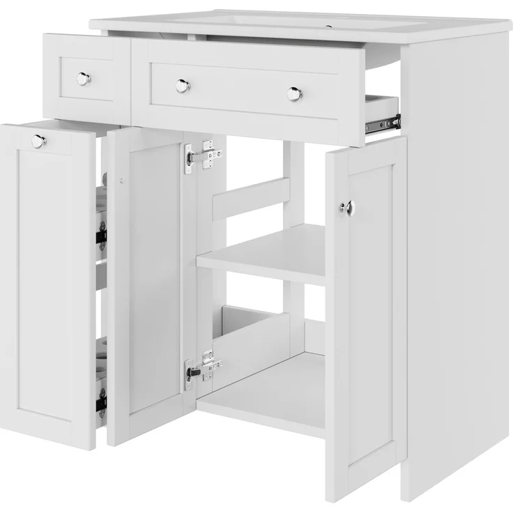 76*47*86cm, freistehender Badezimmerwaschtisch, lackierte Oberfläche, auslaufsicheres Keramikbecken, 3 Schubladen und 1 Schrank, geräuscharme Auszugsschienen, silberne Griffe, weiß. – Bild 6