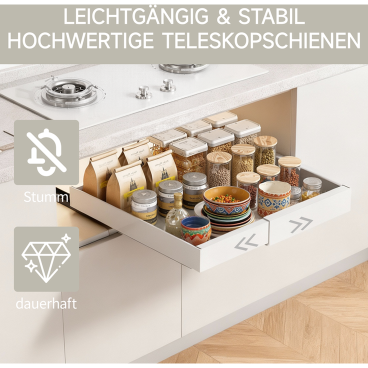 Home Nature Wohnkonzept Küchenschrank Ausziehschublade, 1er Set, mit Klebehalterung ohne Bohren, 68 x 52 x 7,5 cm, Karbonstahl, Vielseitig für Küche und Bad, Weiß – Bild 5