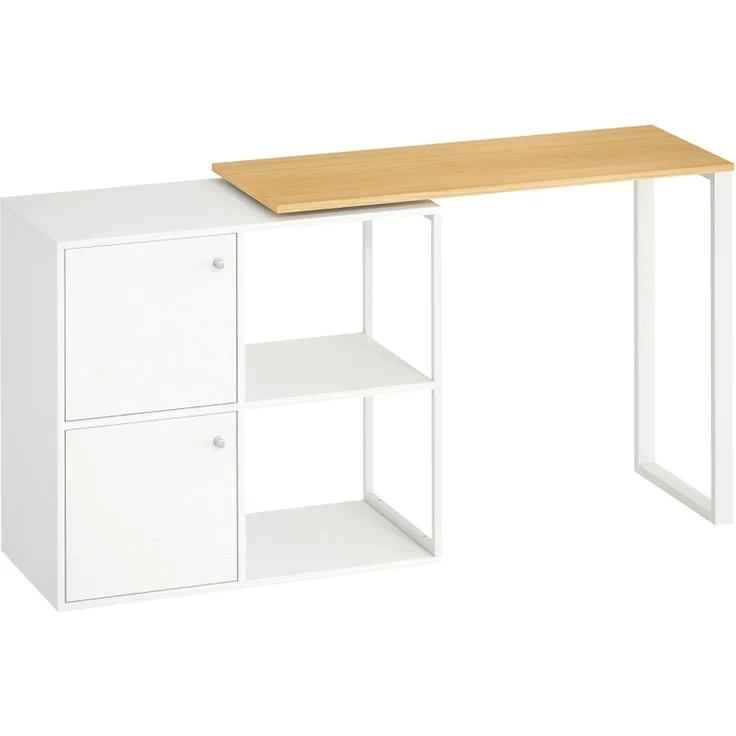 Schreibtisch drehbar, 105 x 85 x 75 / 150 x 40 x 75 / 100 x 40 x 75 cm, Weiß mit Naturholzoptik und Stauraum – Bild 6