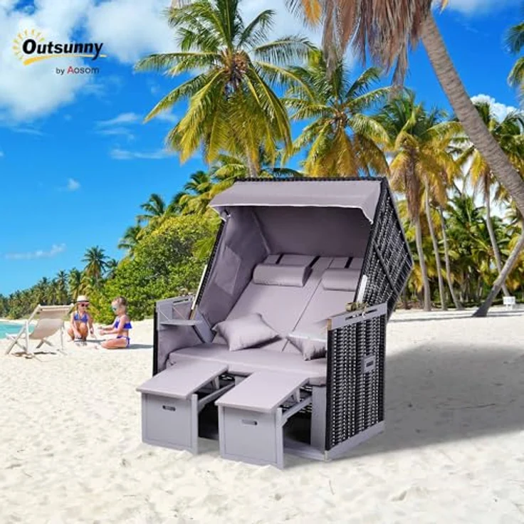 Outsunny Gartenliege, Grau, Kunststoff, 79x150x118 cm, mit verstellbarer Rückenlehne und zwei Klapptischen – Bild 2