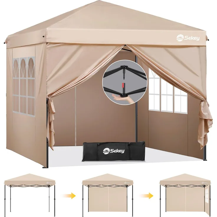 Sekey Premium Pop Up Pavillon 3x3 Wasserdicht Stabil, 3x3 m Pavillon mit Seitenwänden, Faltpavillon Partyzelt Faltbar für Camping Party, Höhe Verstellbar 250-270cm, (Khaki, Mit Seitenwänden)