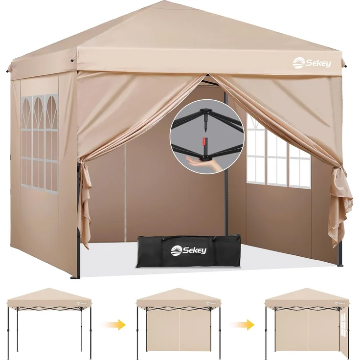 Sekey Premium Pop Up Pavillon 3x3 Wasserdicht Stabil, 3x3 m Pavillon mit Seitenwänden, Faltpavillon Partyzelt Faltbar für Camping Party, Höhe Verstellbar 250-270cm, (Khaki, Mit Seitenwänden)