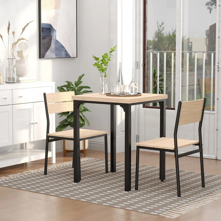 3-teilige Essgruppe Esstisch mit 2 Stühlen Platzsparende Esszimmergruppe Sitzgruppe für Esszimmer, Küche Naturholzmaserung+Schwarz--Natur--76x60x60cm--YOUDENOVA – Bild 4