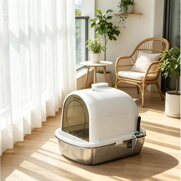 Geschlossene Katzentoilette aus Edelstahl mit Streuzone, 52,4x41,3x39,9 cm, Weiß – Bild 2