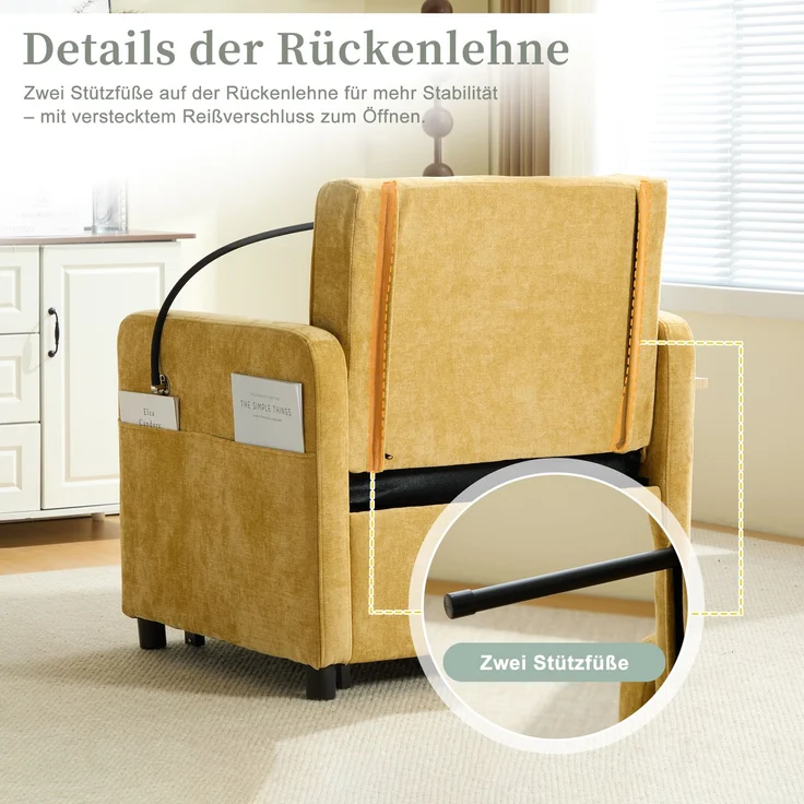 LVHOM Multifunktionaler Schlafsessel mit klappbarer Ablage, Ausziehbares 1-Sitzer Schlafsofa mit Handyhalter und Seitentaschen, Loungesessel, Gelb – Bild 8