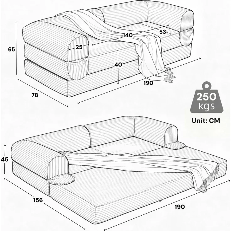 LVHOM Modulares Sofa 2 Sitzer, Schlafsofa mit Seitentaschen, Klappsofa mit Schlaffunktion, kein Aufbau erforderlich, Cord, Schwarz – Bild 7