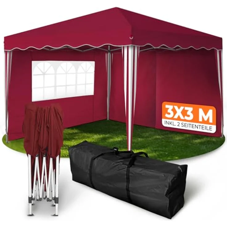 Kronenburg Faltpavillon wasserdicht Dachmaß 3x3 m UV Schutz 50+ Pavillon in Rot mit 2 Seitenteilen – Bild 2
