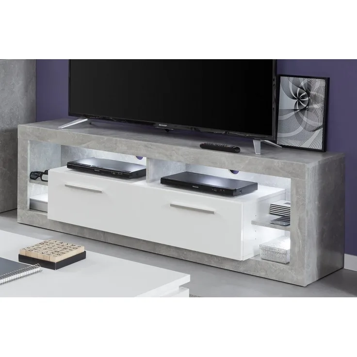 TV-Lowboard Rock in weiß Hochglanz und Stone Design grau 150 x 48 cm