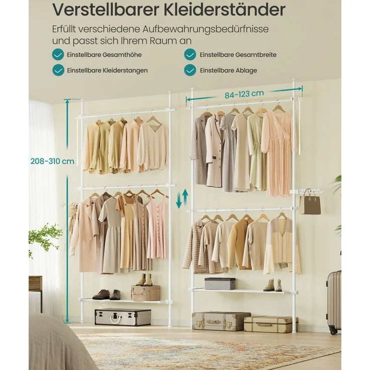 Songmics deckenhocher Kleiderständer, höhen- und breitenverstellbar, mit abnehmbaren Ablagen, Stahl / Kunststoff mattweiß, 33,5 x (84-123) x (208-310) cm – Bild 2