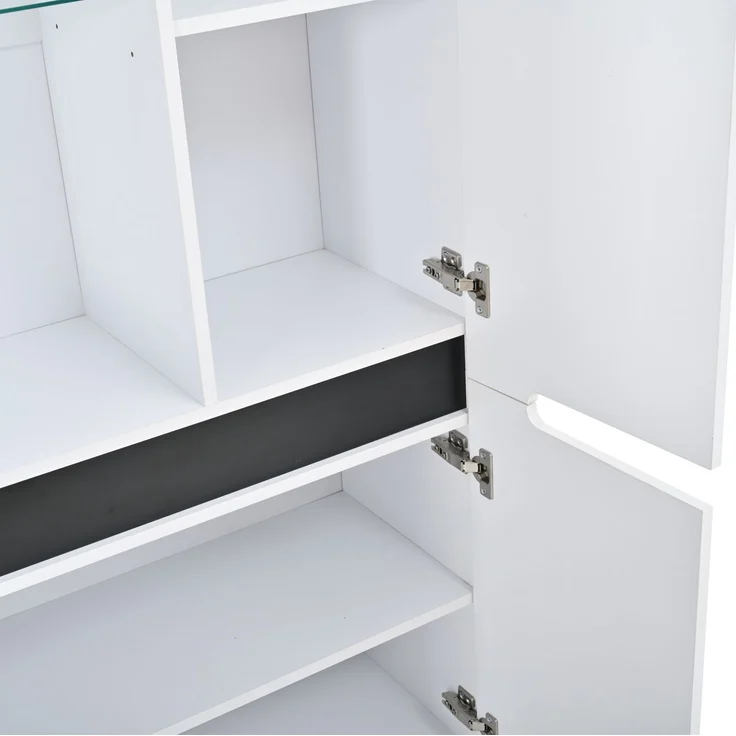 DESVIAE Vitrinenschrank Weiß aus MDF – 80x180x35 cm – LED-Beleuchtung, 4 Türen, 8 Fächer – Bild 9