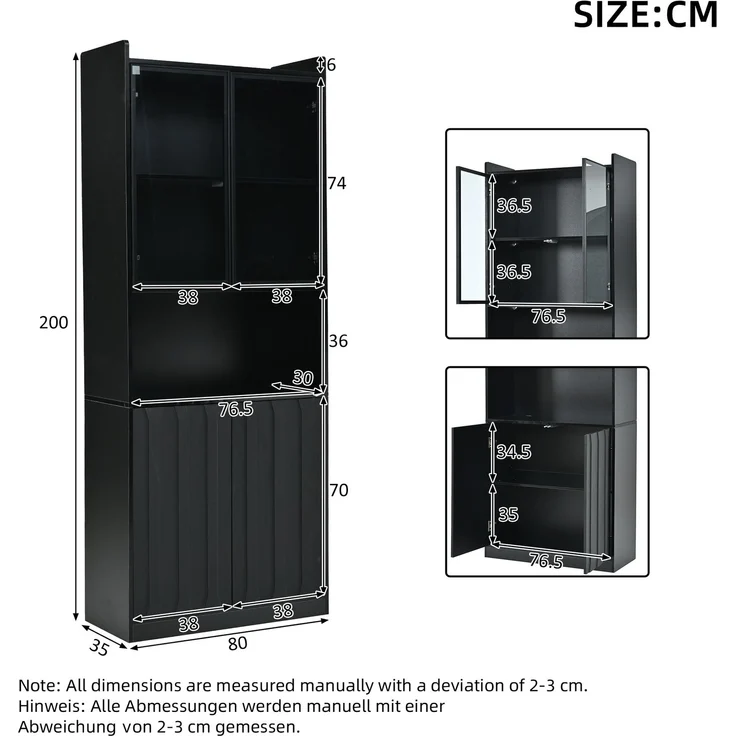 80x35x200cm LED Vitrine, Hochschrank mit Glasschranktüren, Hochschrank Glasvitrine mit LED und Offene Partition,Wohnzimmerschrank mit Glastüren, Küche, Arbeitszimmer, Eingangsbereich,Schwarz--Schwarz--80x35x200cm--YOUDENOVA – Bild 4