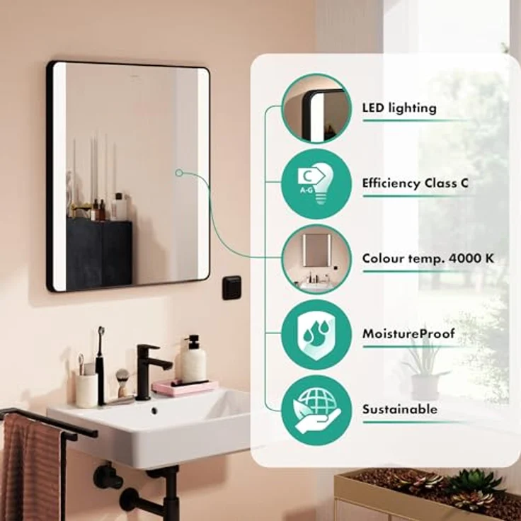 hansgrohe Xarita Lite Q - Badezimmerspiegel mit seitlicher LED-Beleuchtung, 600x700x30 mm, Lichtsteuerung über Wandschalter, Aluminiumrahmen, Mattschwarz, spritzwassergeschützt IP44 – Bild 2