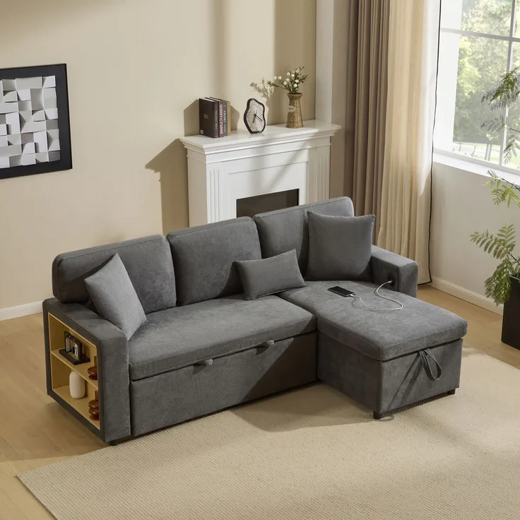 EINHOM Corner Sofa Bett Eckcouch Couch L-Form Schlafcouch Ausziehbar, Bettkasten und integriertem Regal, dunkelgrau, 214 x 131 x 87 cm