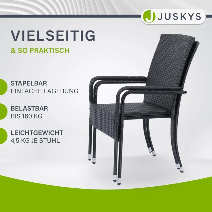 Juskys Polyrattan Gartenstühle Yoro 2er Set - mit Armlehnen & Rückenlehne - 2 Stühle stapelbar - Rattan Stuhl Garten - Stapelstuhl Schwarz – Bild 7