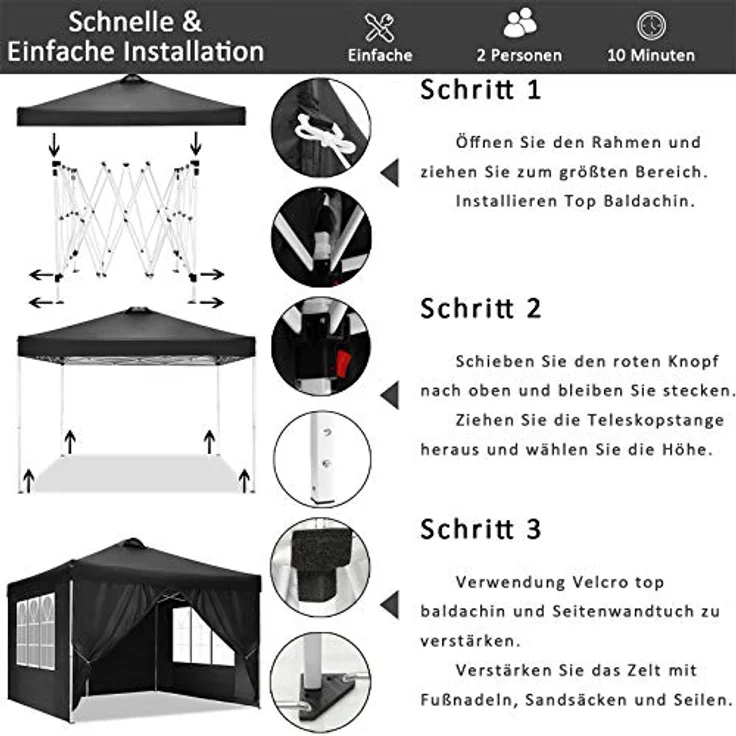 COBIZI Pavillon 3x3 m Wasserdicht Stabil Winterfest Faltpavillon Partyzelt Gartenpavillon mit Entlüftung, 4 Seitenteilen, 4 Sandsack, Höhenverstellbar, Pop up Faltbar Gartenzelt, Schwarz – Bild 3