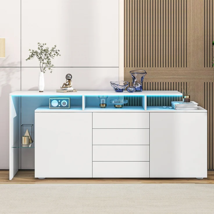 Sideboard Kommode aus Spanplatte mit LED-Beleuchtung, 4 Schubladen & 2 Push-to-Open-Türen, 160x35x70 cm, Weiß – Bild 3