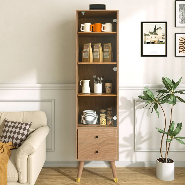 Moderner Hochschrank mit Glastür, Vitrinenschrank mit verstellbaren Regalen und 2 Schubladen, Standschrank für Wohnzimmer, Bad & Büro in Holz-Optik--Holz--39.8x35x160cm--YOUDENOVA – Bild 3