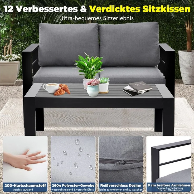 MeXo Loungesofa Gartensofa für Balkon 2 Sitzer Aluminium outdoor wetterfest, 12cm Deluxe Relax-Sitzkissen, Belastbarkeit pro Sitzplatz 140kg, 128×65×66cm luxus Balkonecke, lounge sofa draußen Alu – Bild 4