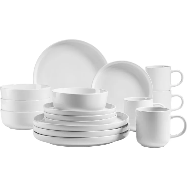Geschirr Set für 4 Personen in modernem skandinavischem Design, 16-teiliges Kombiservice aus Keramik in Weiß