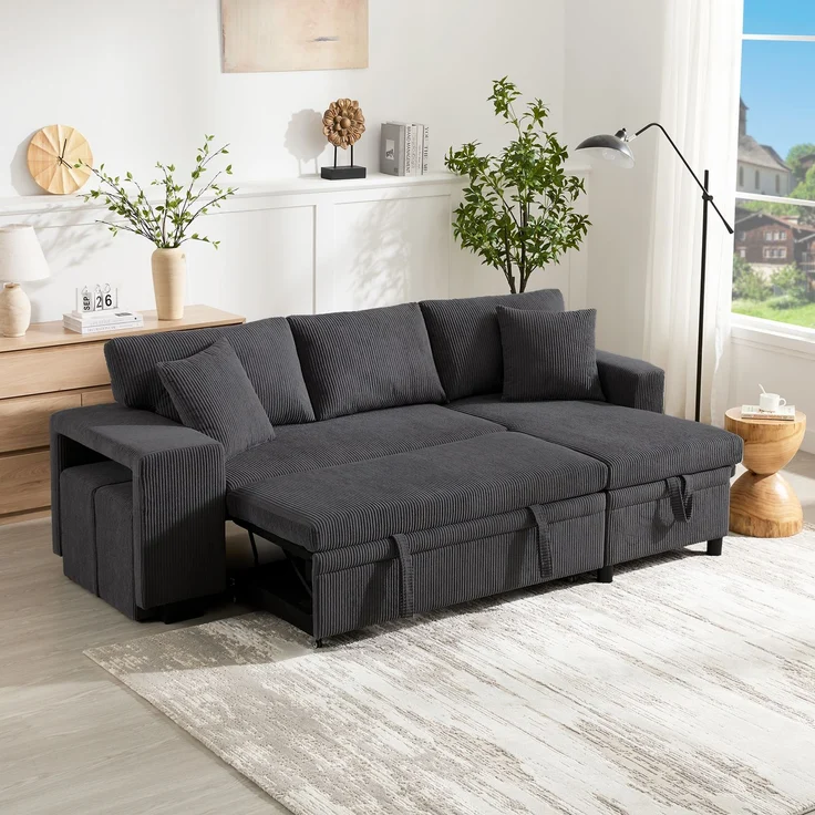 Schlafsofa 231×131,5×84 cm mit Schlaffunktion, Stauraum und USB/Typ-C Cordstoff Grau, modulare L‑Form – Bild 2