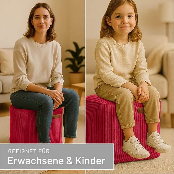 Green Bean Indoor Cord Sitzhocker Pouf Cube 40 x 40 x 40 cm mit EPS-Perlen Füllung - kuschelig weich waschbar - die ideale Ergänzung zum Sitzsack für Kinder & Erwachsene - Rot – Bild 1