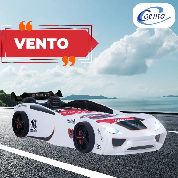 Autobett VENTO SPORT Kinderbett 90x200 cm Rennwagen-Bett inkl Sportsitze, Lattenrost, Spoiler, LED-Licht, Farbe Weiß