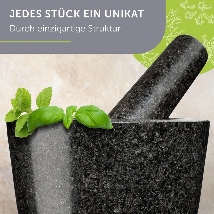 madeco Mörser mit Stößel Granit auf Holzsockel Nussbaum Ø 14,5 cm - Perfekt geeignet für Gewürze, Kräuter & Nüsse - Steinmörser Set - Design Granit Mörser & Stößel groß – Bild 7