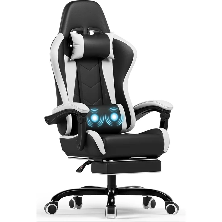 Devoko Massage Gaming Stuhl, Computer Bürostuhl mit Fußstütze, Racing Gamer Stuhl 150kg Belastbarkeit, 90-135° Rückenlehne einstellbar Ergonomischer PC Stuhl, 360° drehbar, Weiß – Bild 1