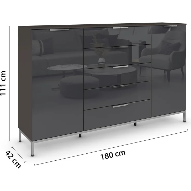 Rauch Möbel Flipp, Nachttisch für Schlafzimmer, Flur, Garderobe, 2-türig, 5 Schubladen, mit Softclose-Funktion, Griffe und Metallkufe Chrom, Farbe Glas Basalt, Schwarz, Breite 180 cm – Bild 3