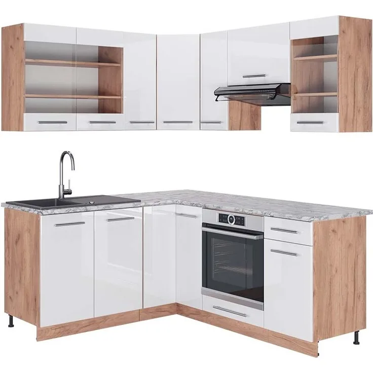 Eckküche Fame-Line Weiß Hochglanz/Goldkraft Eiche 190 x 60 cm , AP Marmor Vicco