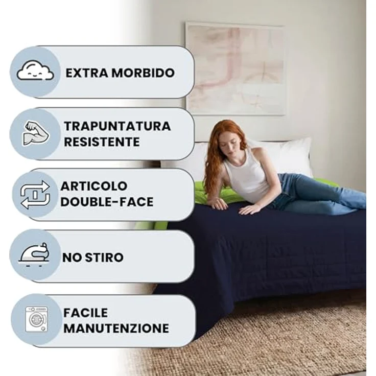 Italian Bed Linen Q-EL-2P Elegant Sommer Steppdecke apfelgrün/dunkel blau, 100% Mikrofaser, 260x270 cm – Bild 3