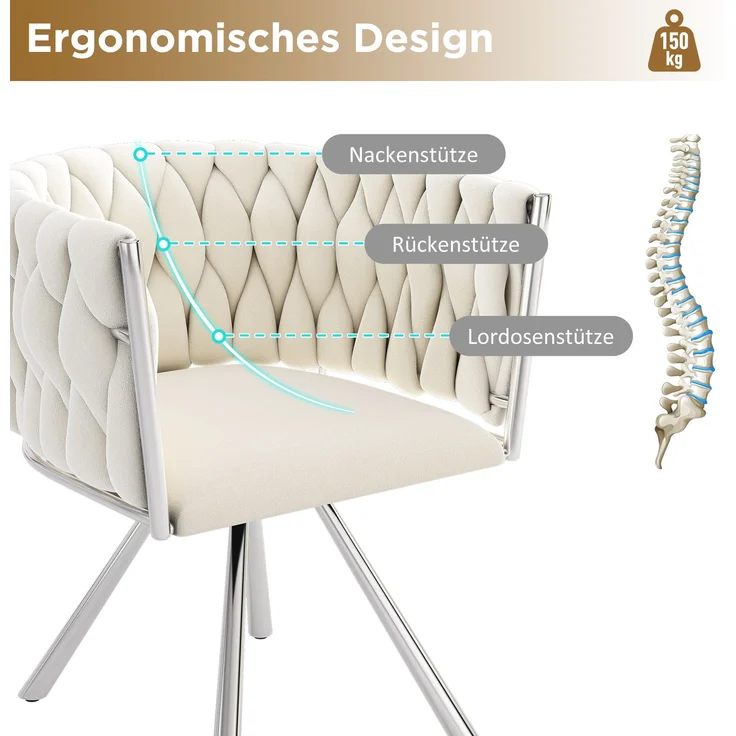 Merax Samt-Esszimmerstuhl, 2er set, Schlafzimmer-Drehstuhl, 360° drehbar Freizeit-Drehstuhl mit vier Stützbeinen aus Metall, beige+Silber – Bild 6