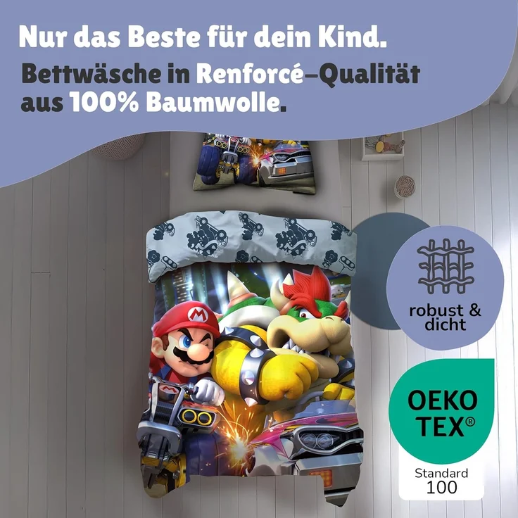 Nintendo Super Mario Kart Bettwäsche für Jungen Kinderbettwäsche 135x200 80x80 cm aus 100% Baumwolle Motiv Bump mit Bowser – Bild 5