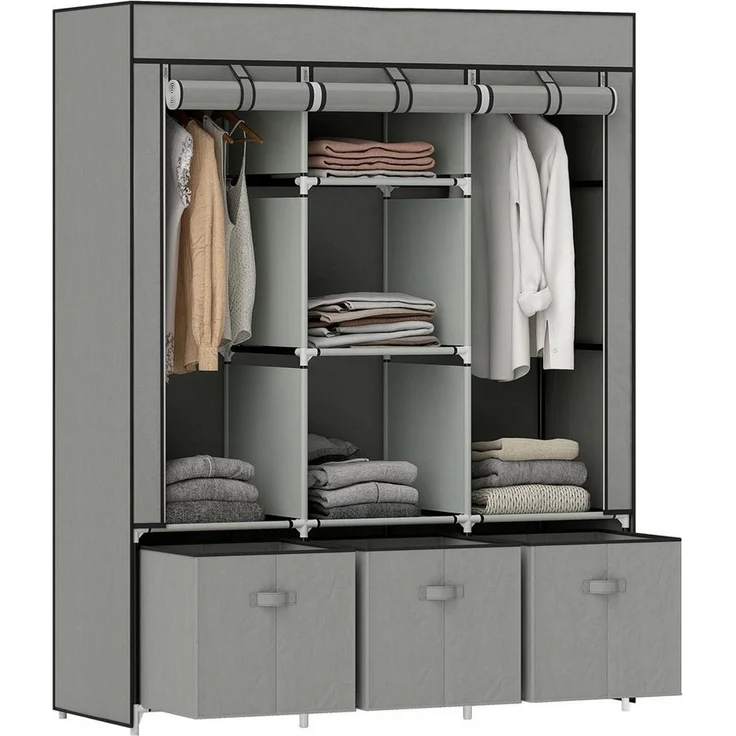 HOMCOM Stoffschrank mit Kleiderstangen, Schubladen, Reißverschluss (faltbarer Kleiderschrank, 1-St, Faltschrank) für Schlafzimmer, Hellgrau, 125 x 43 x 162,5 – Bild 1