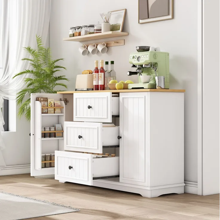 Sideboard 126 x 40 x 86 cm in Weiß mit 3 Schubladen und verstellbaren Einlegeböden