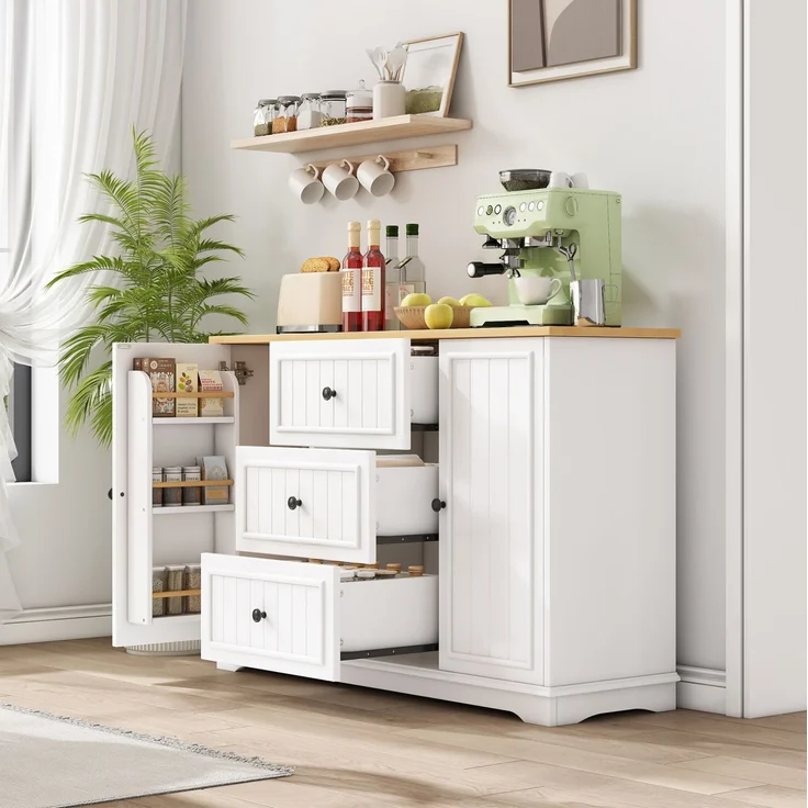 Sideboard 126 x 40 x 86 cm in Weiß mit 3 Schubladen und verstellbaren Einlegeböden – Bild 1