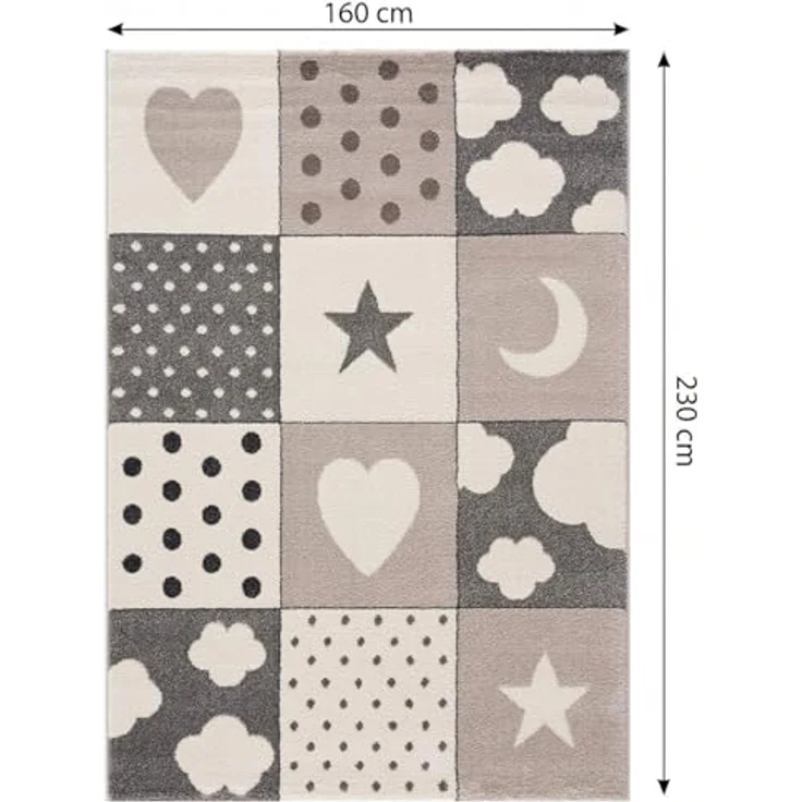 Kinderteppiche Patchwork Herz Sterne Wolke | Kinderteppich für Mädchen und Jungs | Teppich für Kinderzimmer | Farbe: Blau, Grau & Rosa | Kinderzimmerteppich , Grau , 160x230 cm – Bild 3