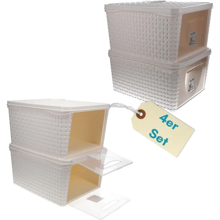 4er Set Aufbewahrungsbox mit Deckel Weiß Frontöffnung Schrank Organizer Stapelbox Kleiderschrank Korb mit Deckel Aufbewahrung Badezimmer Rattan Optik