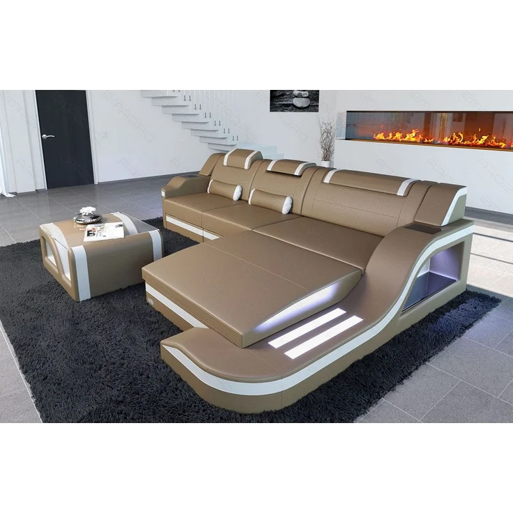 Design Ledersofa Palermo L-Form mit LED - Büffelleder - sandbeige-weiß - Rechts – Bild 4