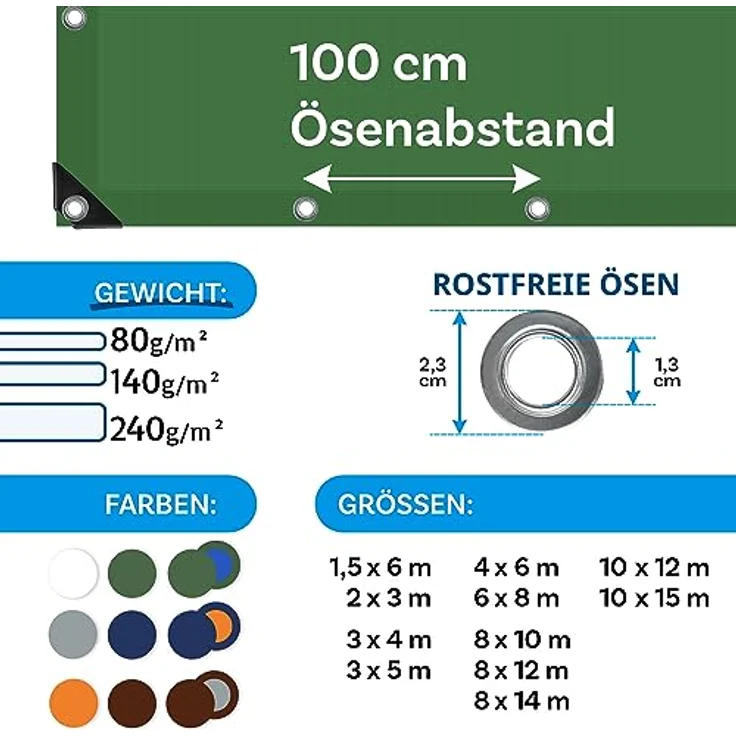 Floordirekt Abdeckplane | Gewebeplane | Schutzplane | Bootsplane | Zeltunterlage für Camping & Outdoor | Garten | wasserdichte Planemit Ösen | Bauplane 3x5 m, 15m², 240 g/m², Grün – Bild 4