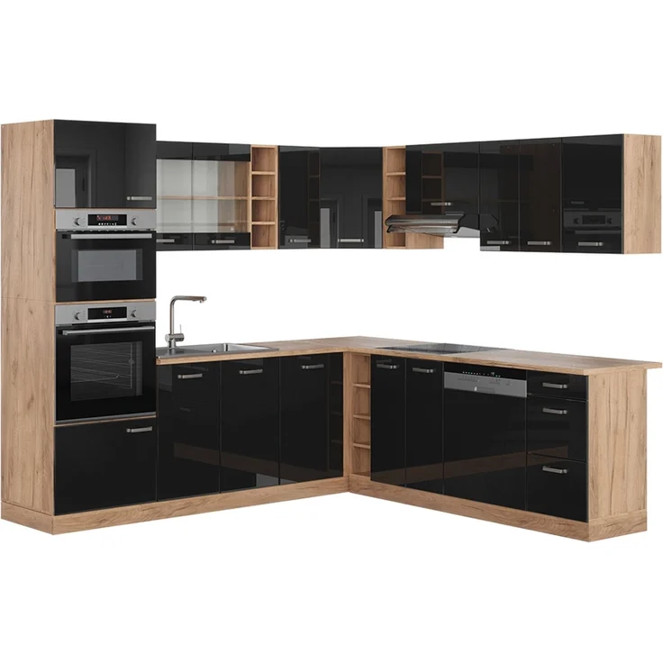 Eckküche R-Line Schwarz Hochglanz/Goldkraft Eiche 247 x 237 cm ohne Arbeitsplatte Vicco – Bild 1