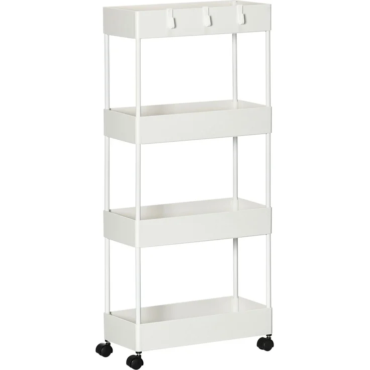 Küchenwagen mit 4 Regalen, 4 flexiblen Haken, 4 Rollen, 40 cm x 19 cm x 90 cm, Nischenwagen, Weiß--Weiß--40x19x90cm--YOUDENOVA – Bild 1