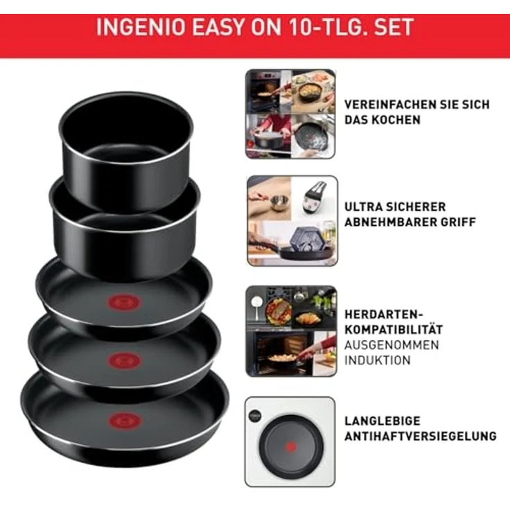 Tefal Ingenio Easy On 10-tlg. Kochgeschirr-Set, 3x Pfannen (22, 24, 26 cm), 2x Kasserollen mit Deckel (16, 18 cm), 2x Küchenhelfer, 1x abnehmbarer Griff, stapelbar, Thermo-Signal, Schwarz, L1599902 – Bild 3