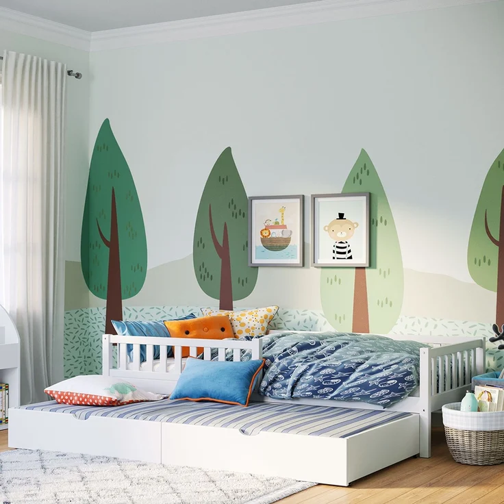 Bellabino 'Vils' Kinderbett 90x200 cm mit Gästebett 90x190 cm, weiß, Kiefer Massivholz, Montessori Bett mit Ausziehbett, mit abnehmbarem Rausfallschutz und Lattenrost – Bild 1