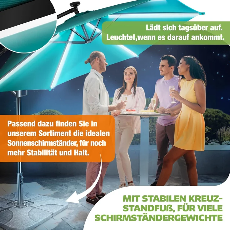 KESSER® Alu Ampelschirm LED Solar + Abdeckung mit Kurbelvorrichtung UV-Schutz Aluminium mit An-/Ausschalter Wasserabweisend - Sonnenschirm Schirm Gartenschirm 300cm, Petrol Grün – Bild 6