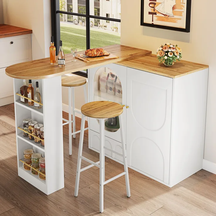 Bar-Set: Kücheninsel-Tisch mit Stauraum & 2 Barhockern, weiß, Holzoptik, mit Glas-Schranktüren & verstellbaren Regalen, belastbar bis 150kg pro Hocker--Weiß--138x39x105cm--YOUDENOVA