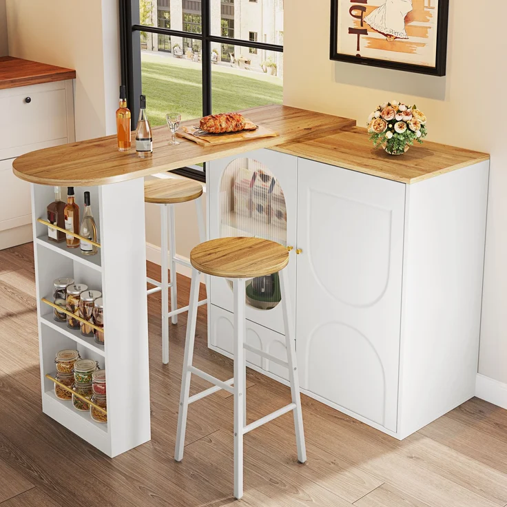 Bar-Set: Kücheninsel-Tisch mit Stauraum & 2 Barhockern, weiß, Holzoptik, mit Glas-Schranktüren & verstellbaren Regalen, belastbar bis 150kg pro Hocker--Weiß--138x39x105cm--YOUDENOVA – Bild 1